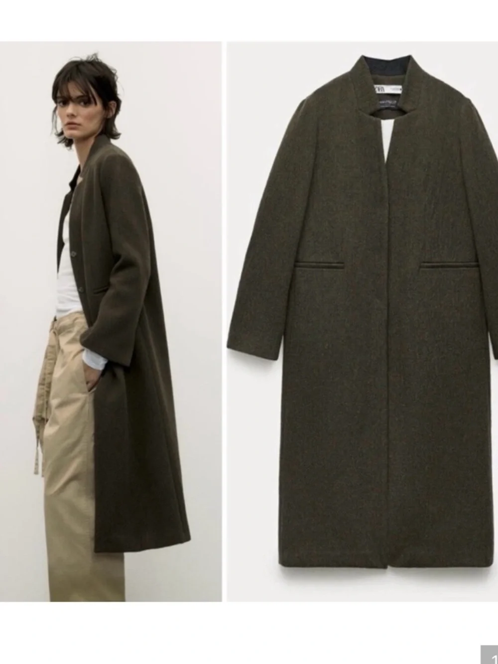 Zara Manteco Wool Blend Longline Coat Olive Green Minimalist XS - Picture 1 of 14